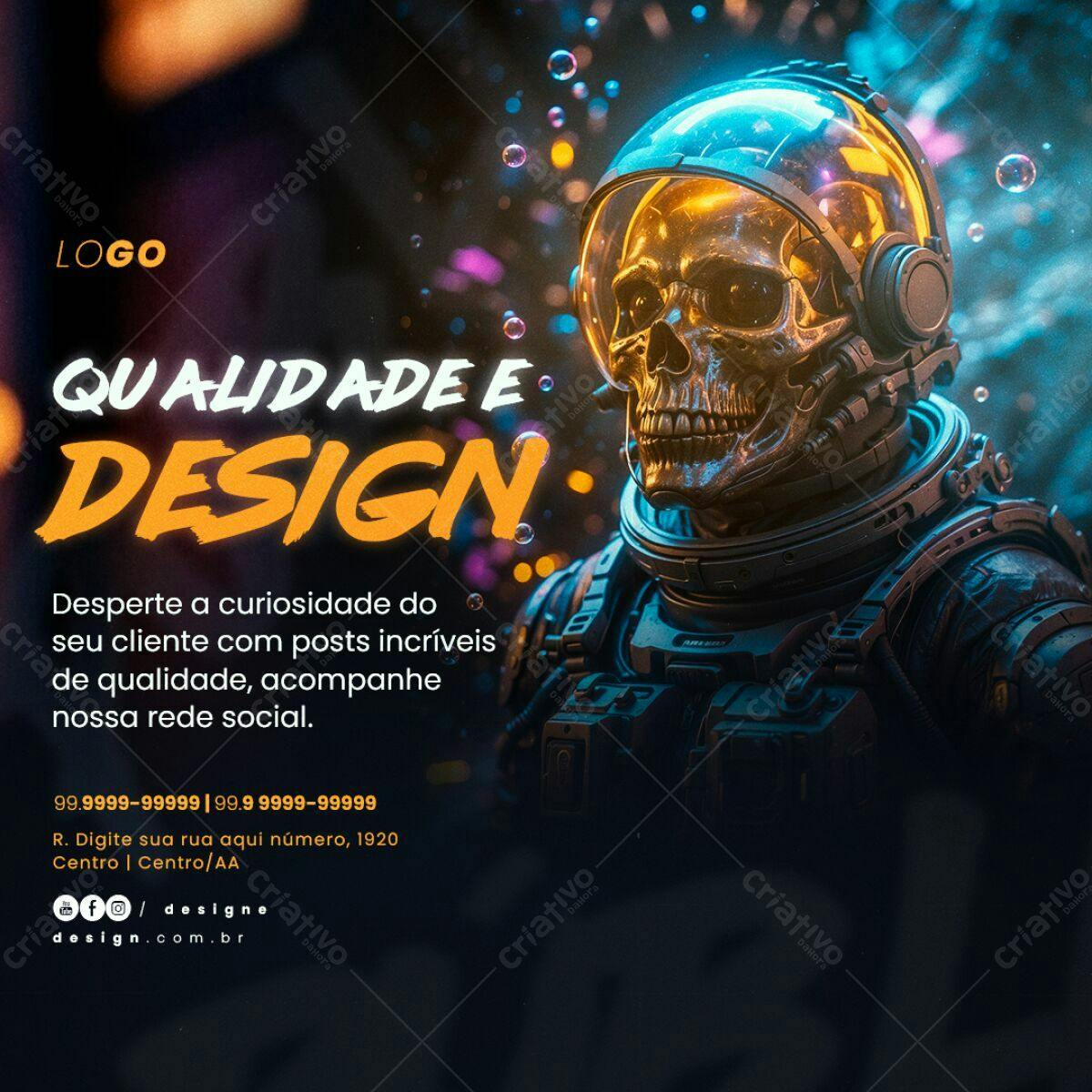Post para Redes Sociais com Caveira Astronauta PSD Editável