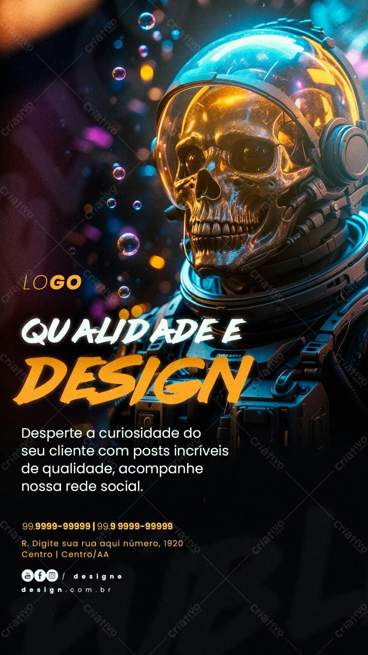 Flyer para Redes Sociais com Caveira em Astronauta PSD Editável