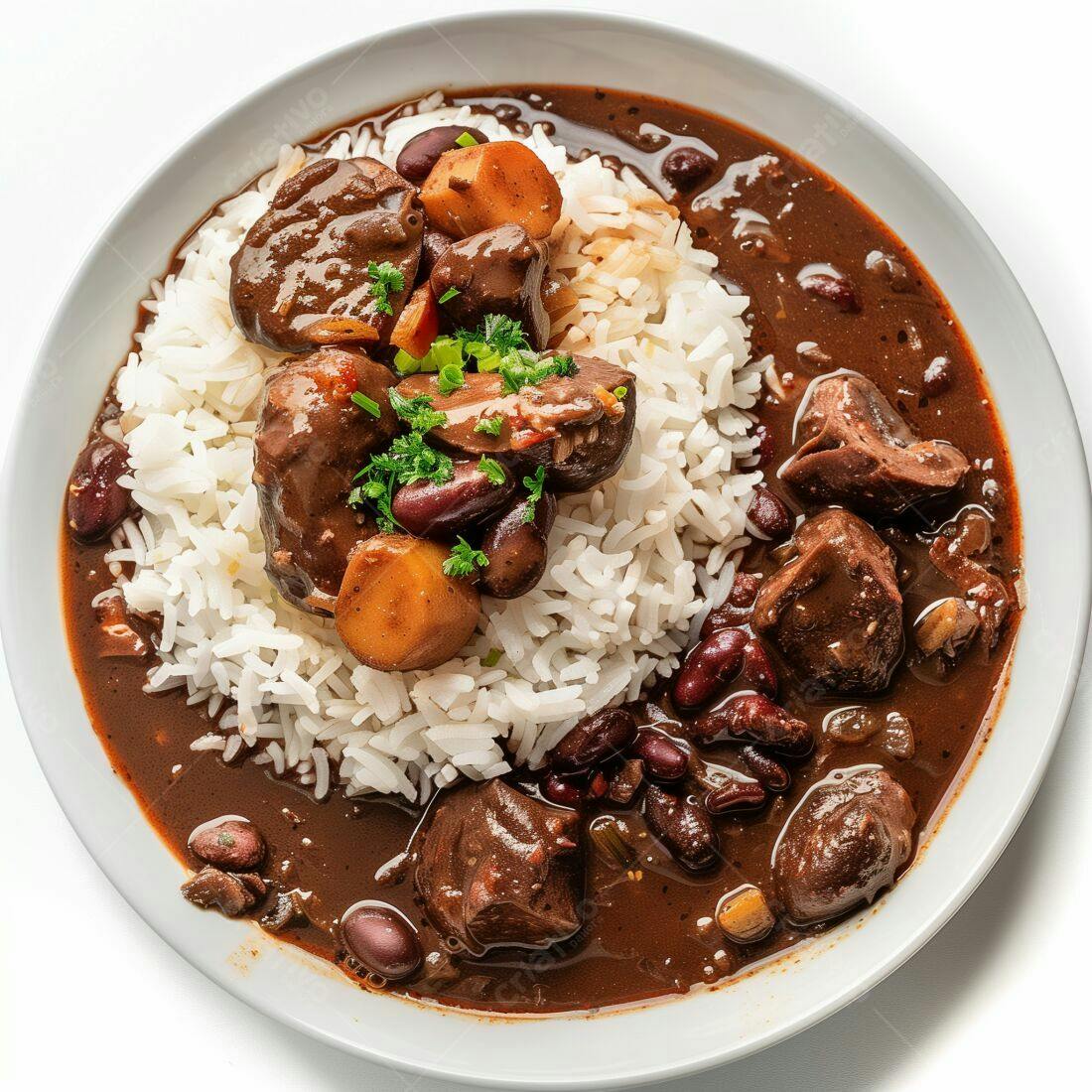 Prato de Arroz com Feijão e Carne em Molho Escuro