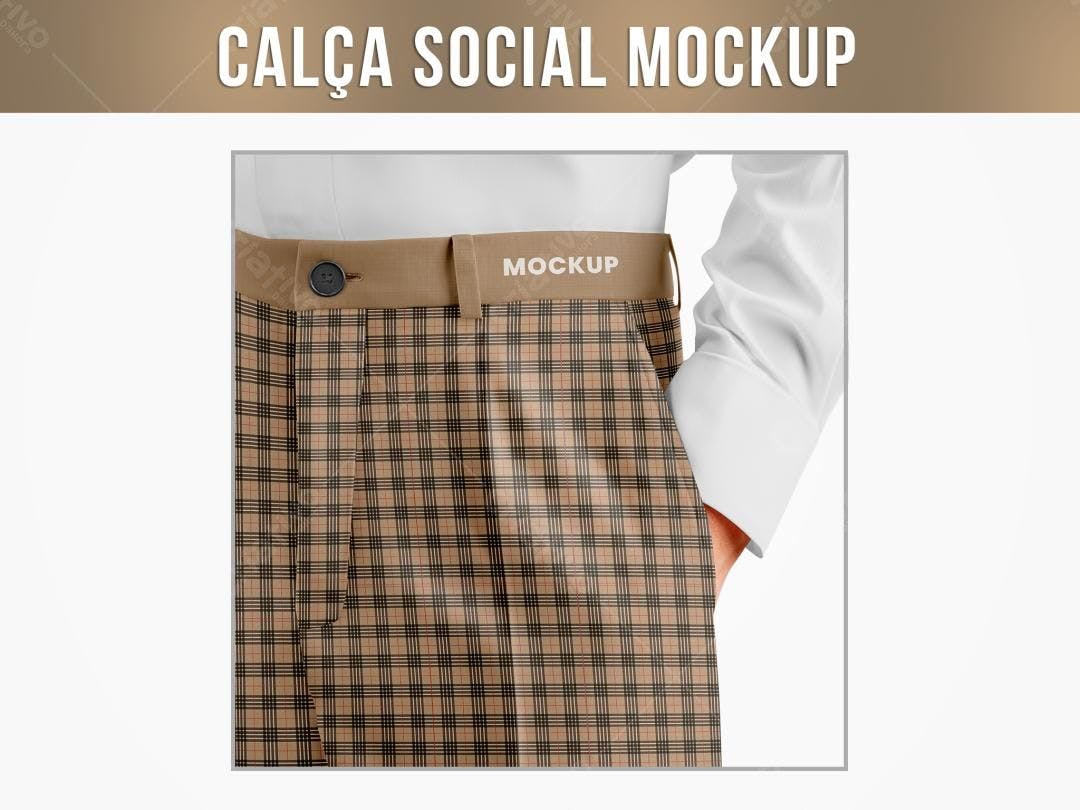 Mockup Calça Social: Padronagem Xadrez Bege e Marrom