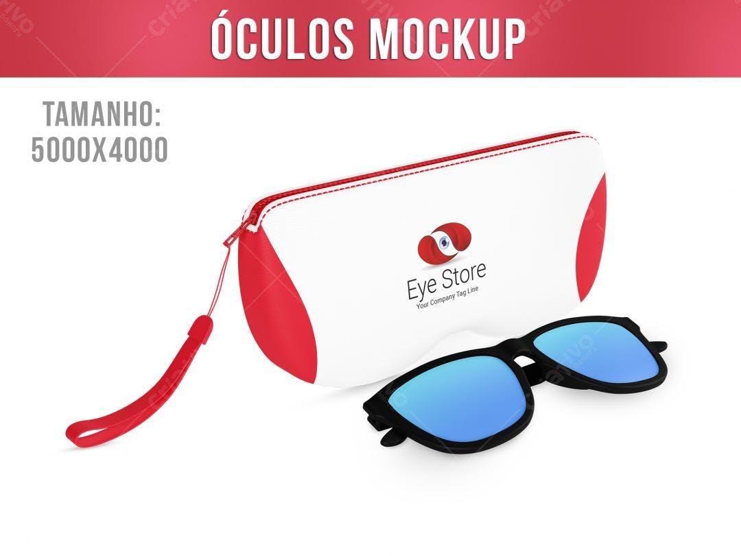 Mockup de Óculos com Estojo Vermelho e Azul