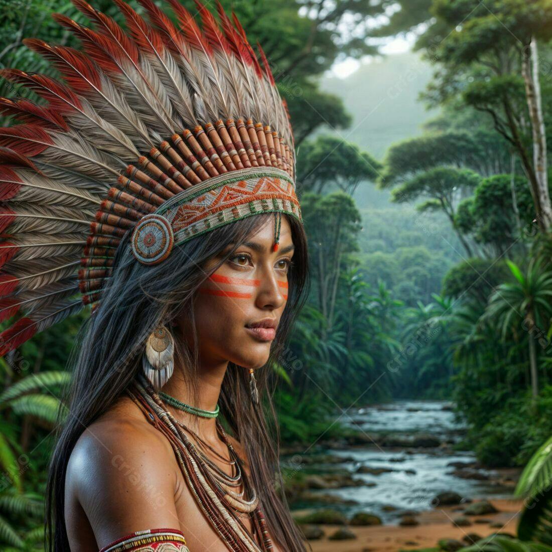 Mulher indígena com cocar em floresta tropical