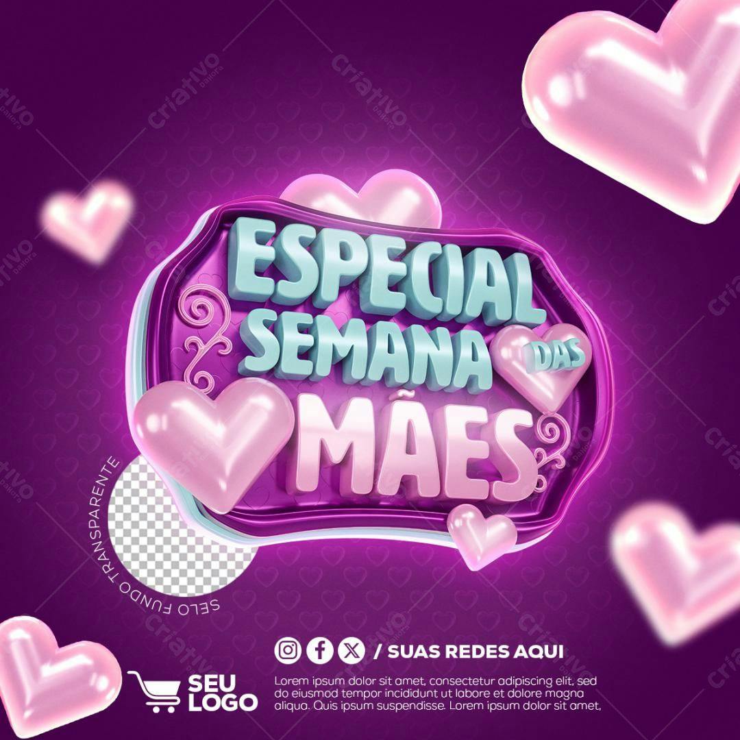 Selo 3D promocional Dia das Mães rosa e roxo