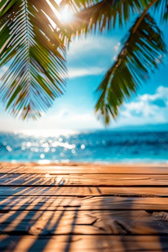 Imagem de fundo do mar, com palmeira e a luz do sol brilhando