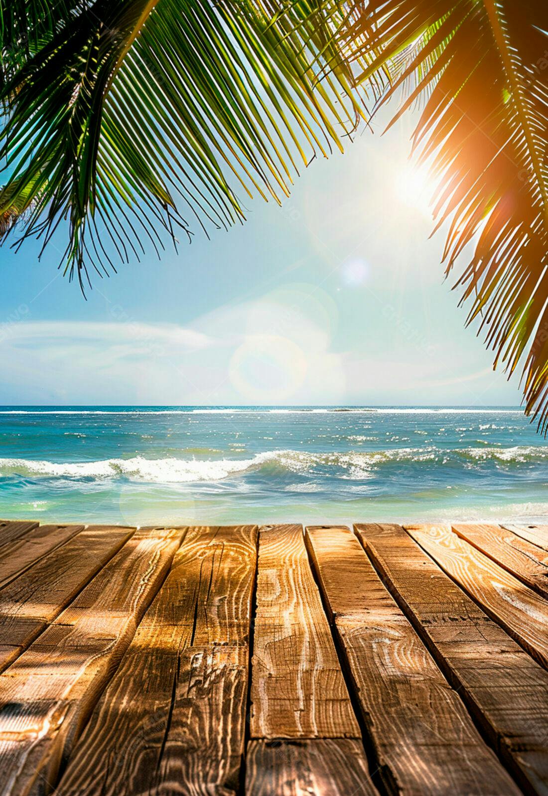 Praia tropical com deck de madeira e palmeiras