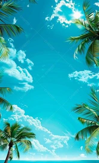 Imagem de fundo um ceu azul com nuvens e folhas de palmeiras 1