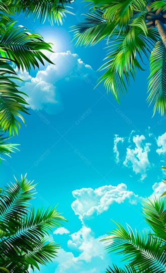 Imagem de fundo um ceu azul com nuvens e folhas de palmeiras 2