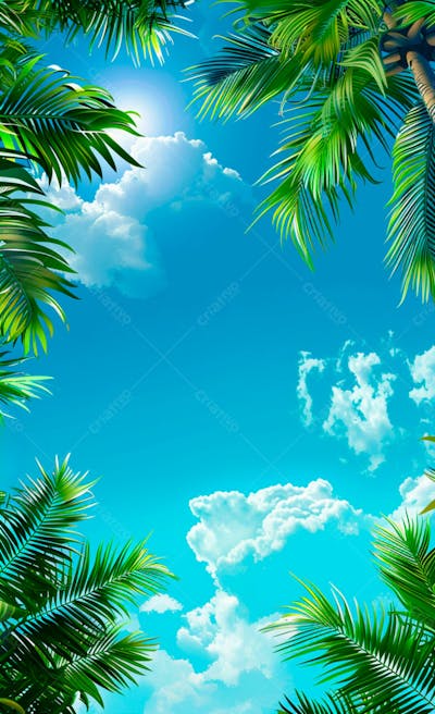 Imagem De Fundo Um Ceu Azul Com Nuvens E Folhas De Palmeiras 2