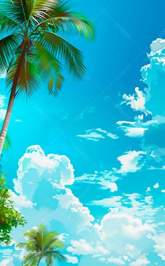 Imagem de fundo um ceu azul com nuvens e folhas de palmeiras 3