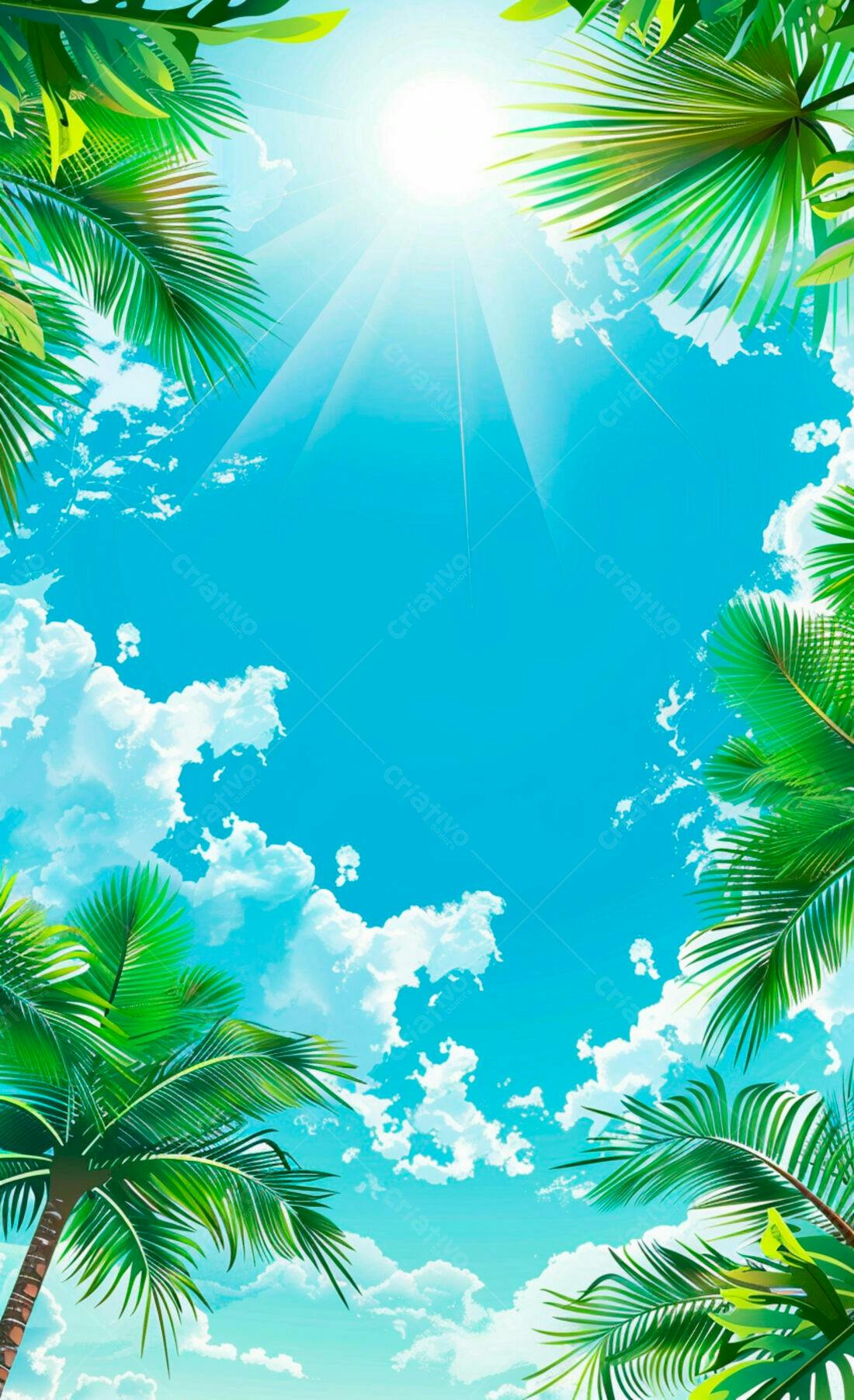 Céu tropical com palmeiras sob sol brilhante