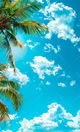 Imagem de fundo um ceu azul com nuvens e folhas de palmeiras 5