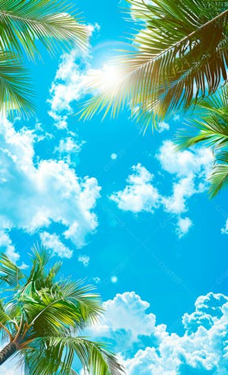 Imagem de fundo um ceu azul com nuvens e folhas de palmeiras 6