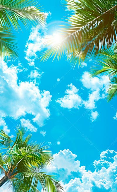 Imagem De Fundo Um Ceu Azul Com Nuvens E Folhas De Palmeiras 6