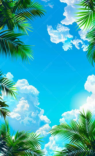 Imagem de fundo um ceu azul com nuvens e folhas de palmeiras 7