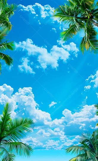 Imagem de fundo um ceu azul com nuvens e folhas de palmeiras 8