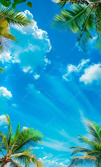 Imagem de fundo um ceu azul com nuvens e folhas de palmeiras 9