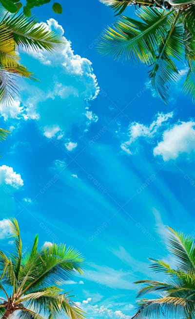 Imagem De Fundo Um Ceu Azul Com Nuvens E Folhas De Palmeiras 9