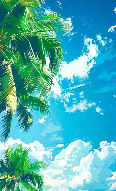 Imagem de fundo um ceu azul com nuvens e folhas de palmeiras 10