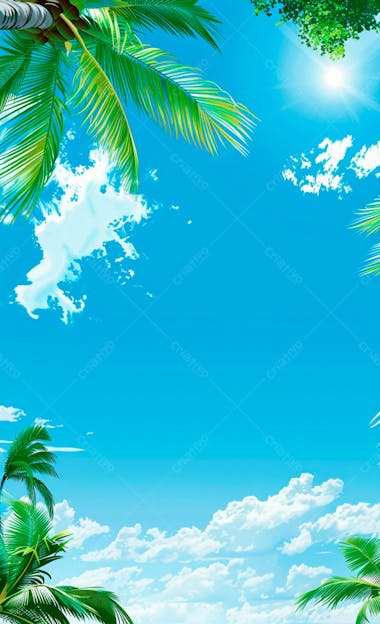 Imagem de fundo um ceu azul com nuvens e folhas de palmeiras 11