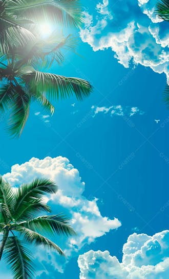 Imagem de fundo um ceu azul com nuvens e folhas de palmeiras 12