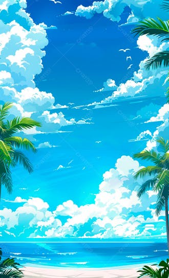 Imagem de fundo um ceu azul com nuvens e folhas de palmeiras 14