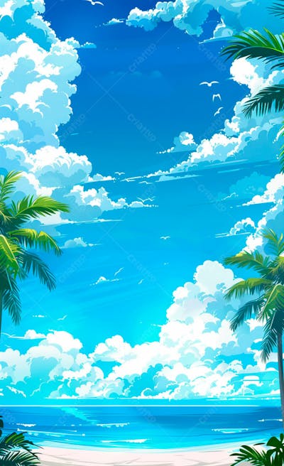 Imagem De Fundo Um Ceu Azul Com Nuvens E Folhas De Palmeiras 14