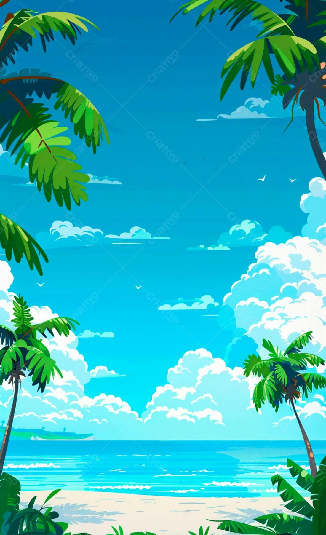 Praia tropical com coqueiros e céu azul