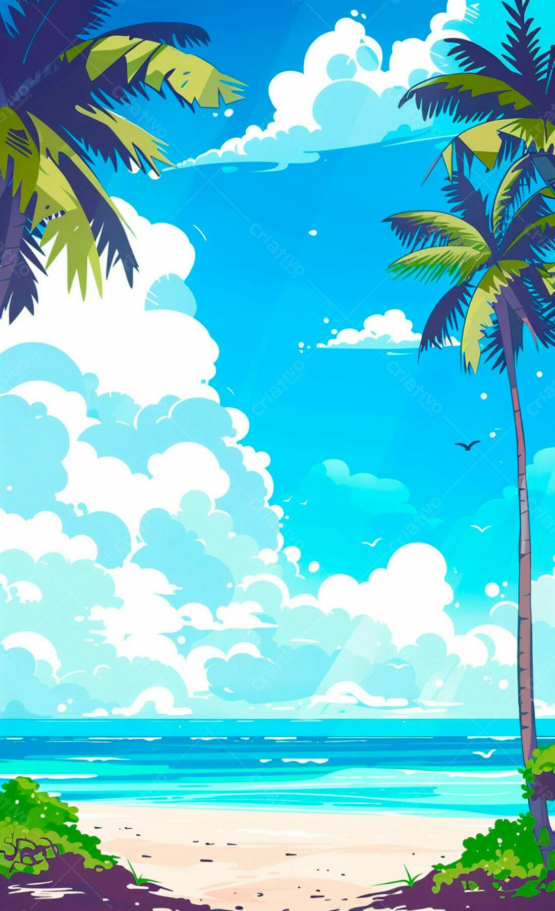 Praia tropical com coqueiros céu azul