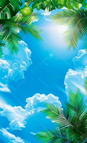 Imagem de fundo um ceu azul com nuvens e folhas de palmeiras 17