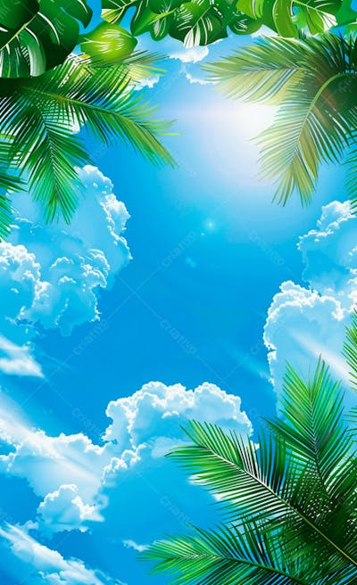 Imagem De Fundo Um Ceu Azul Com Nuvens E Folhas De Palmeiras 17