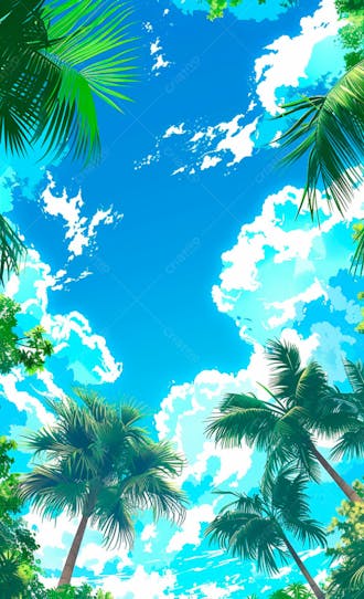 Imagem de fundo um ceu azul com nuvens e folhas de palmeiras 18