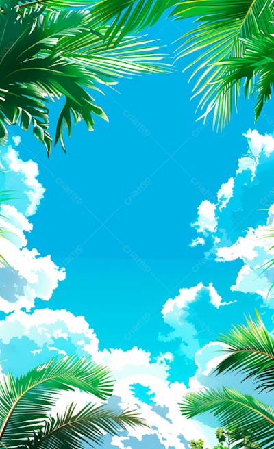 Imagem De Fundo Um Ceu Azul Com Nuvens E Folhas De Palmeiras 19