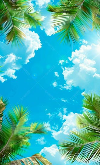 Imagem de fundo um ceu azul com nuvens e folhas de palmeiras 20