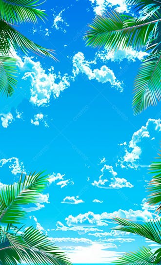 Imagem de fundo um ceu azul com nuvens e folhas de palmeiras 21