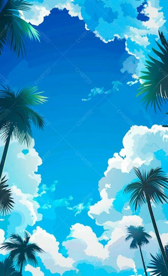 Imagem de fundo um ceu azul com nuvens e folhas de palmeiras 22