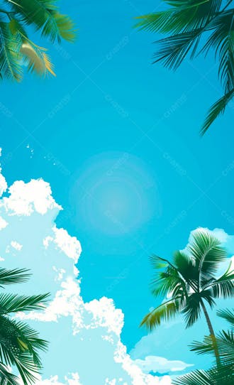 Imagem de fundo um ceu azul com nuvens e folhas de palmeiras 24