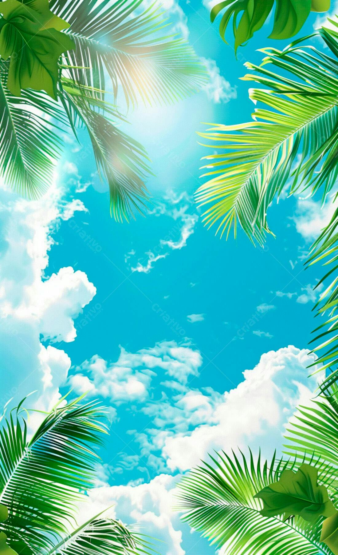 Céu tropical com folhas de palmeira