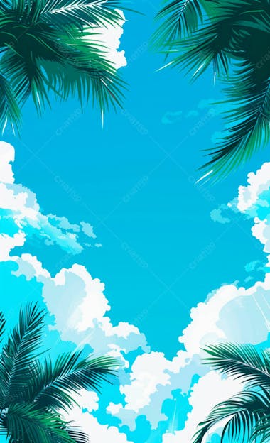 Imagem de fundo um ceu azul com nuvens e folhas de palmeiras 26