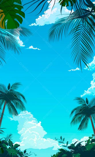 Imagem de fundo um ceu azul com nuvens e folhas de palmeiras 27