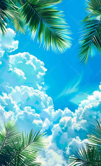 Imagem de fundo um ceu azul com nuvens e folhas de palmeiras 28
