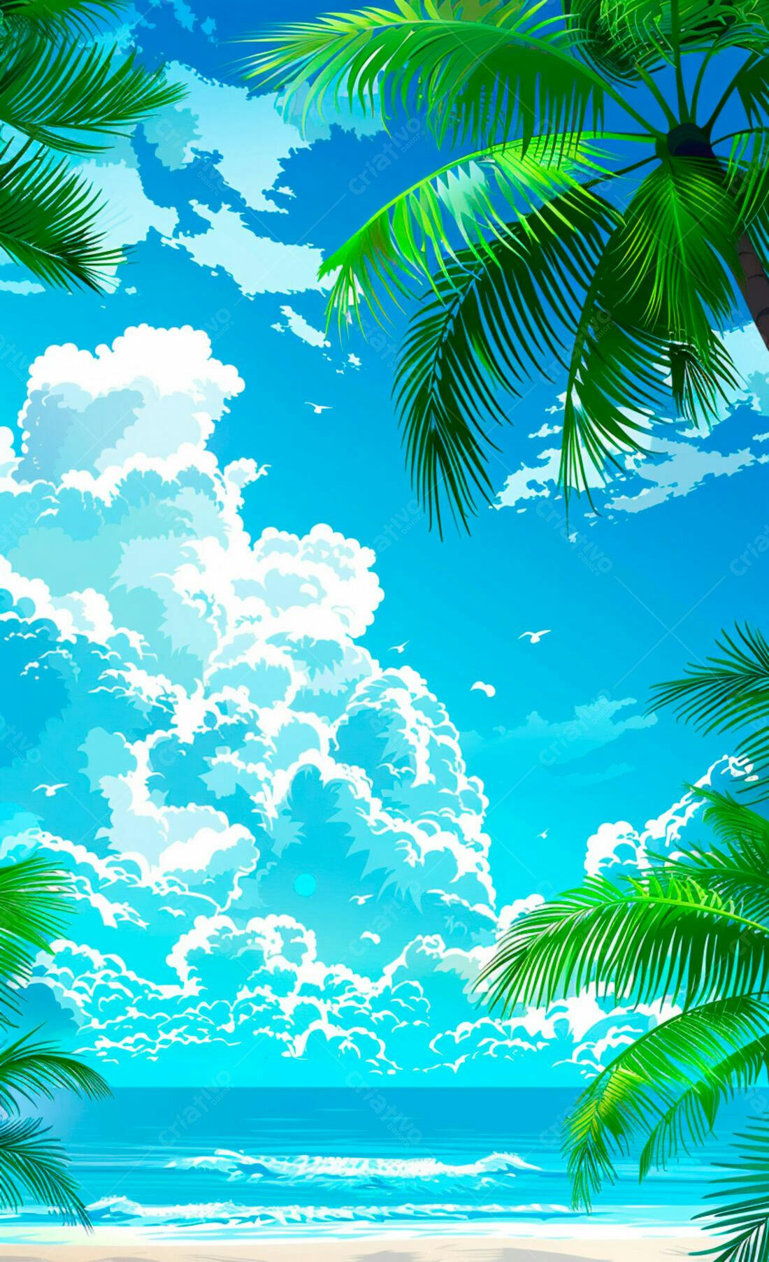 Praia tropical com palmeiras e céu azul
