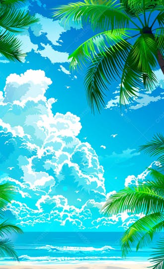 Imagem de fundo um ceu azul com nuvens e folhas de palmeiras 30