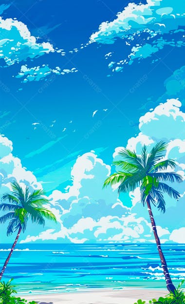 Imagem de fundo um ceu azul com nuvens e folhas de palmeiras 31