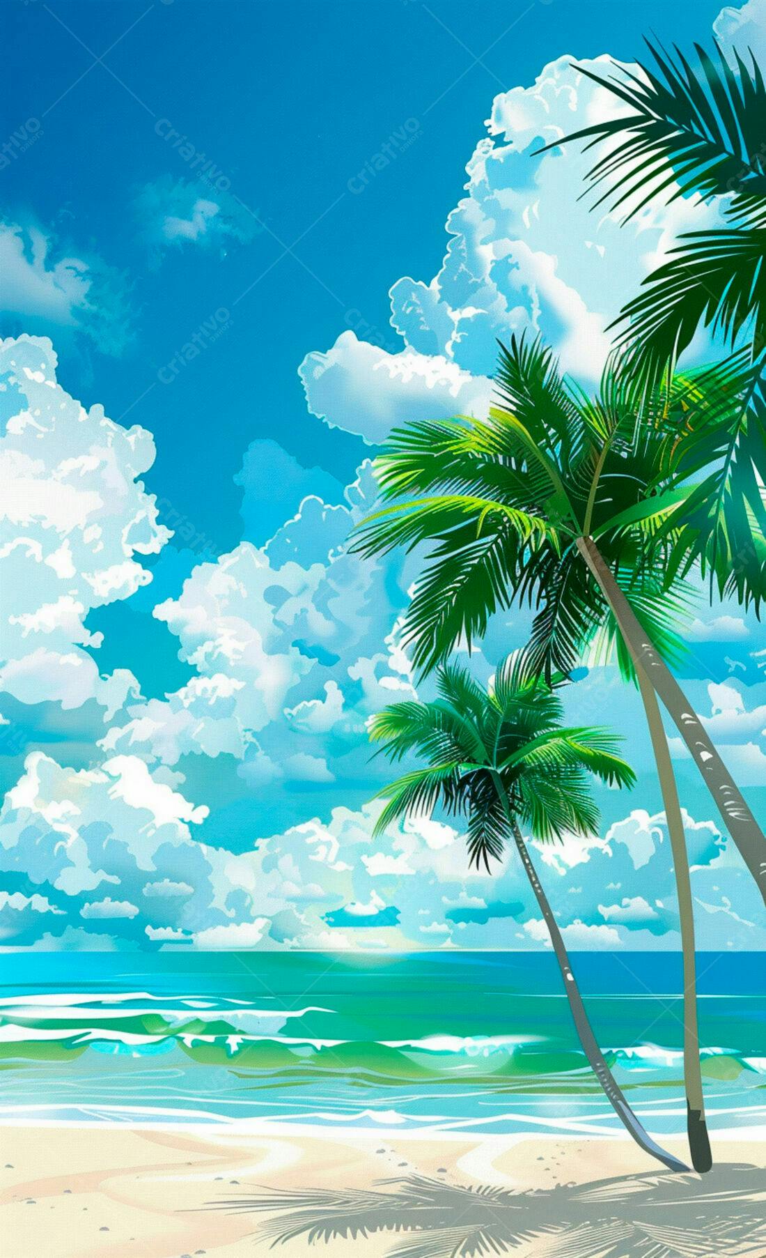Praia tropical com coqueiros e céu azul