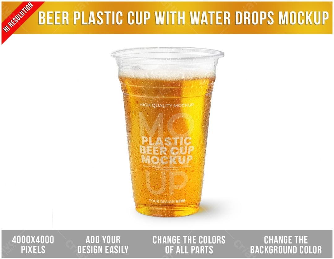 Mockup Copo Plástico Cerveja com Gotas PSD Editável