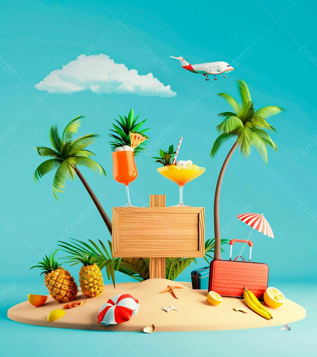 Ilha tropical com drinks e mala para viagem