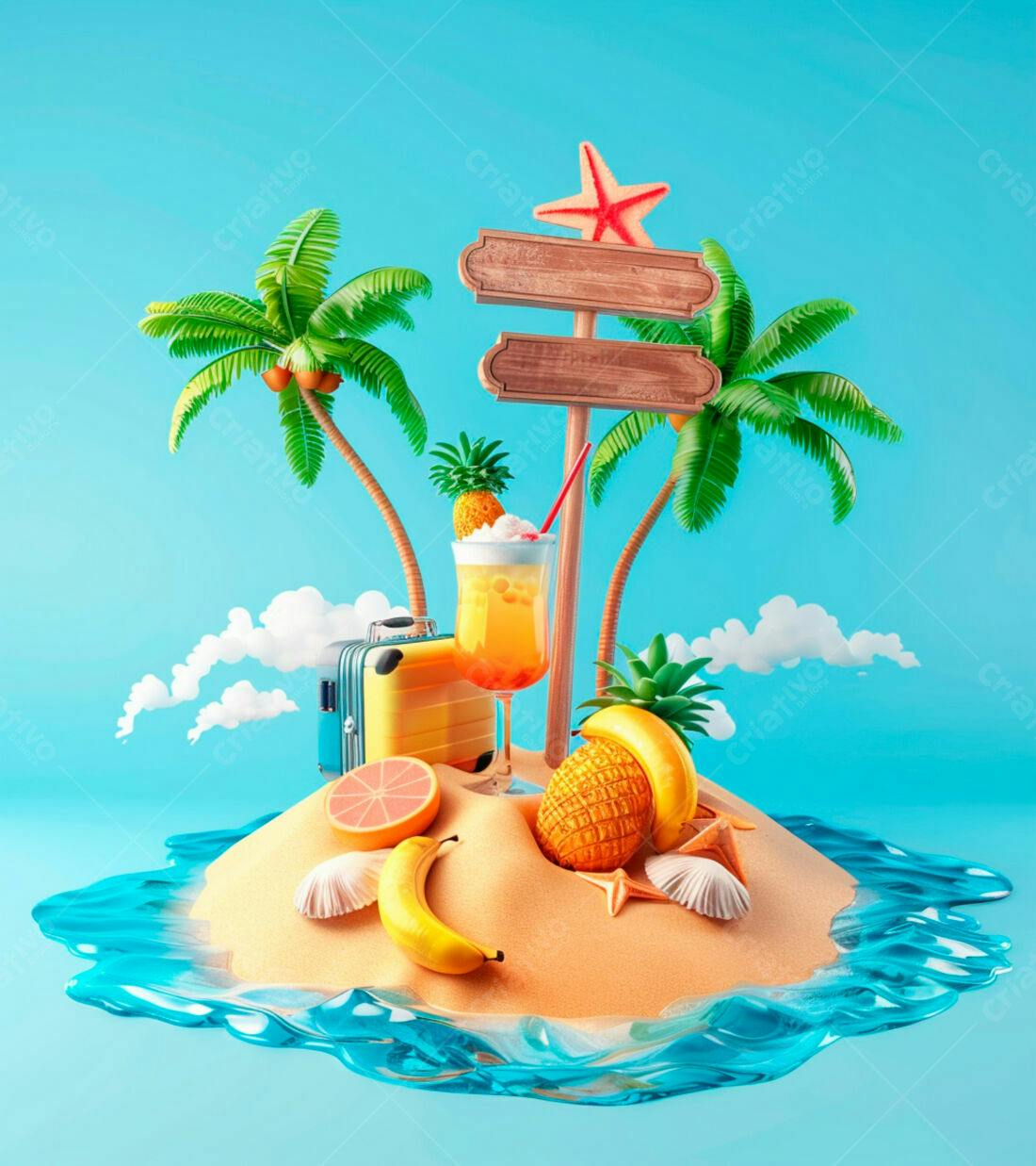 Ilha tropical com coquetel frutas e mala