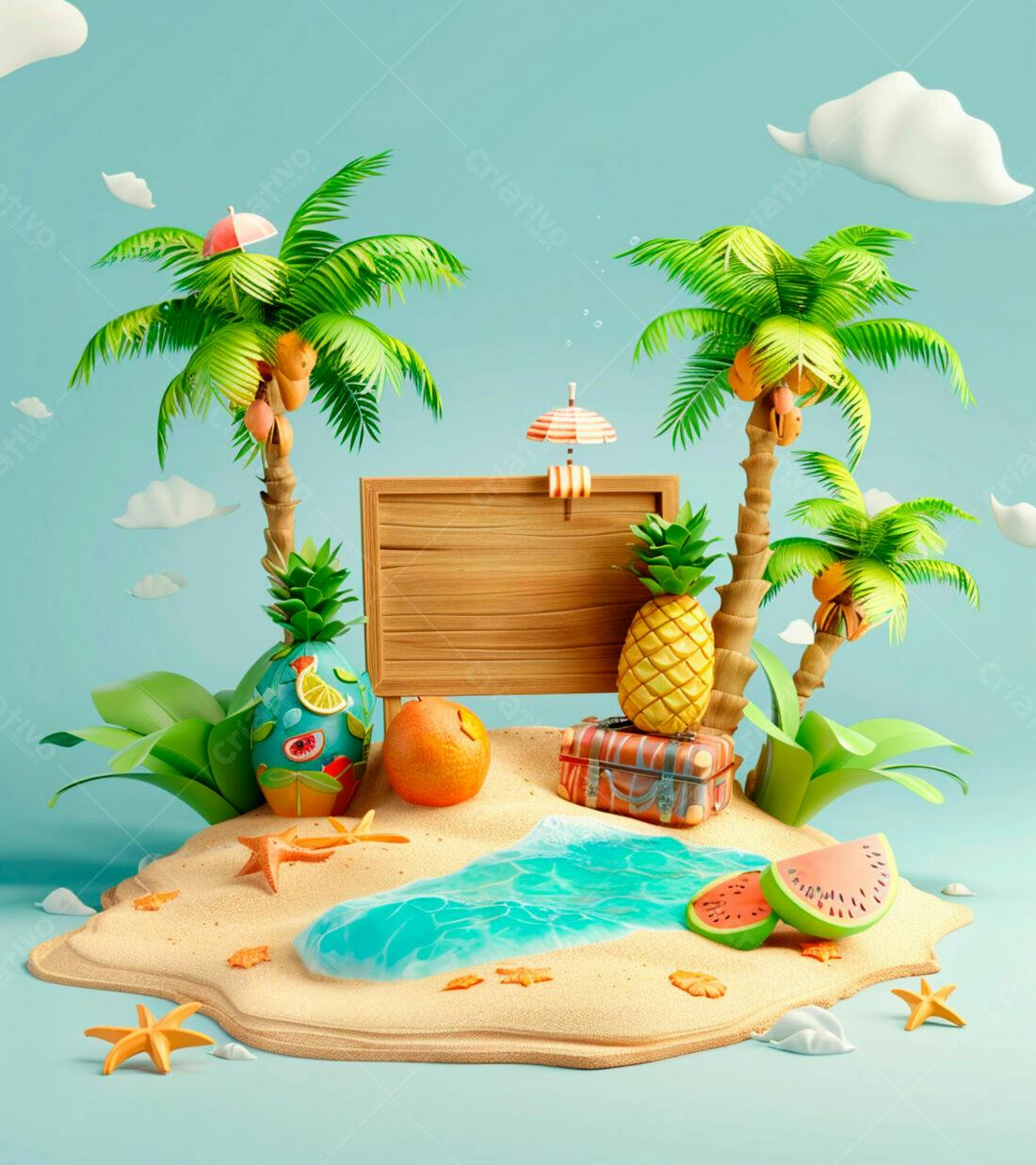 Ilha tropical com placa de madeira e frutas