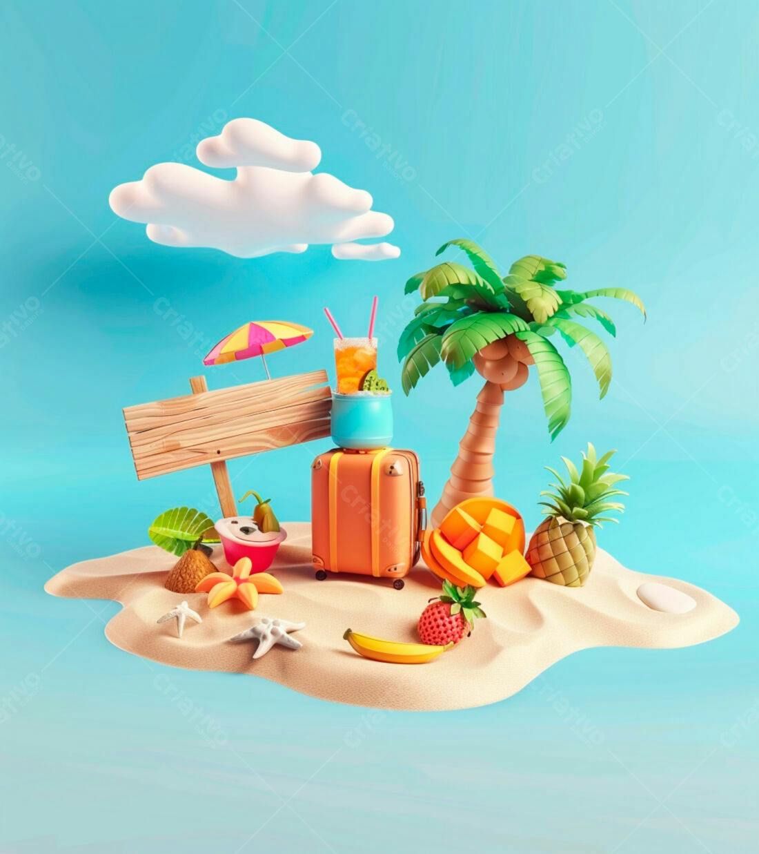 Mala de viagem em ilha tropical com frutas