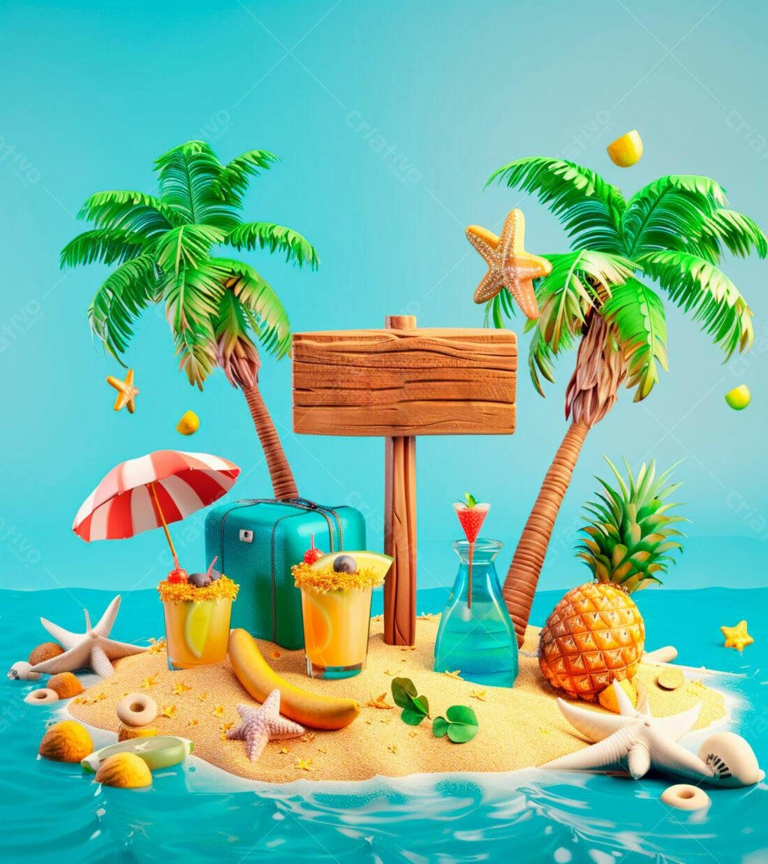 Ilha tropical com drinks e placa de madeira